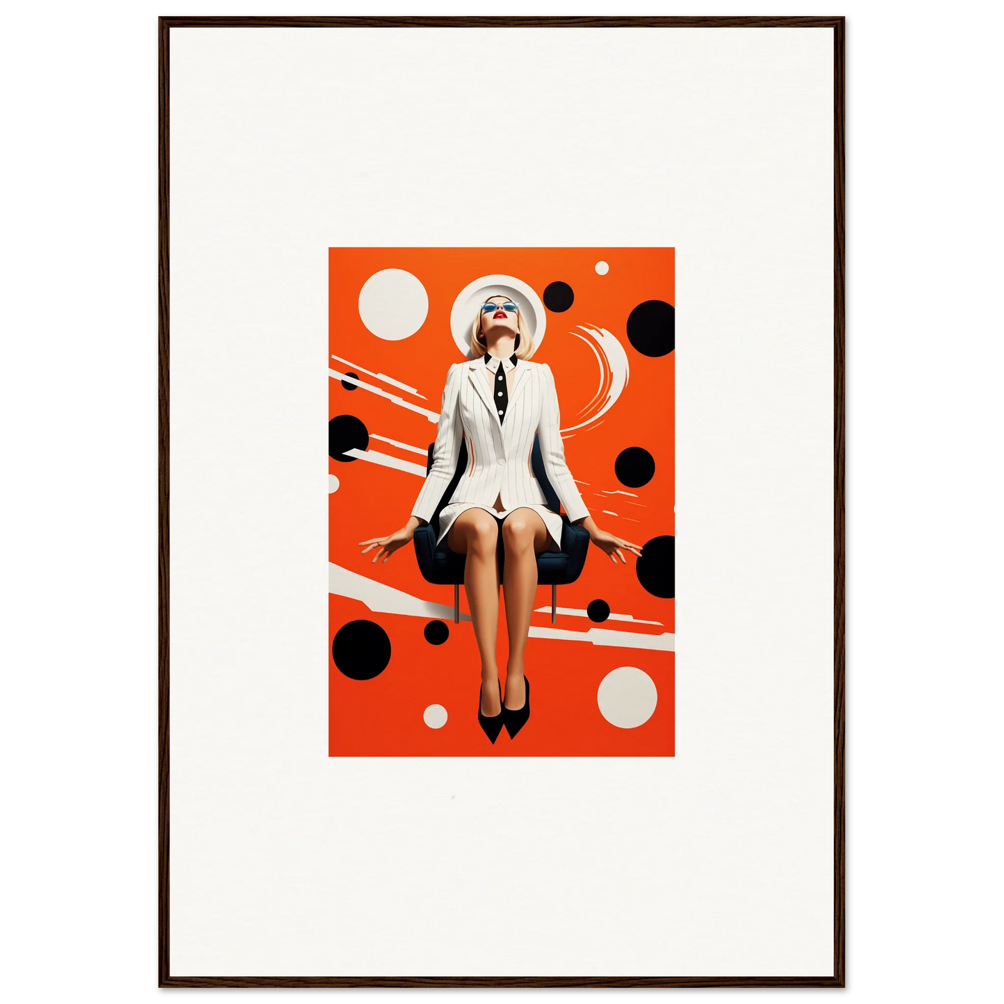 Framed canvas print of a stylish woman in white on an orange polka-dot backdrop for cool room decoration