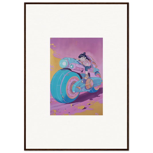 Cartoon character on a blue and pink motorcycle, perfect for a Neon Ripples Palette canvas print