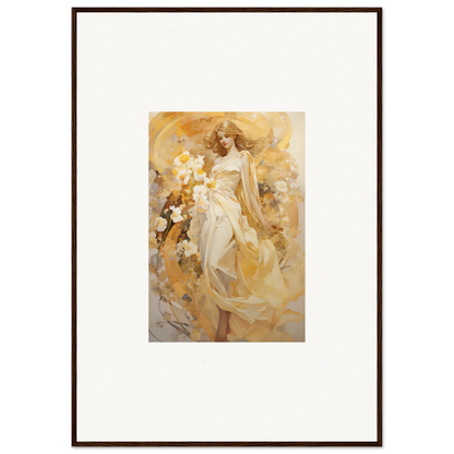 Framed canvas print of an ethereal symphony woman in golden hues for room decoration