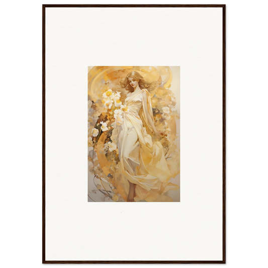 Framed canvas print of an ethereal symphony woman in golden hues for room decoration