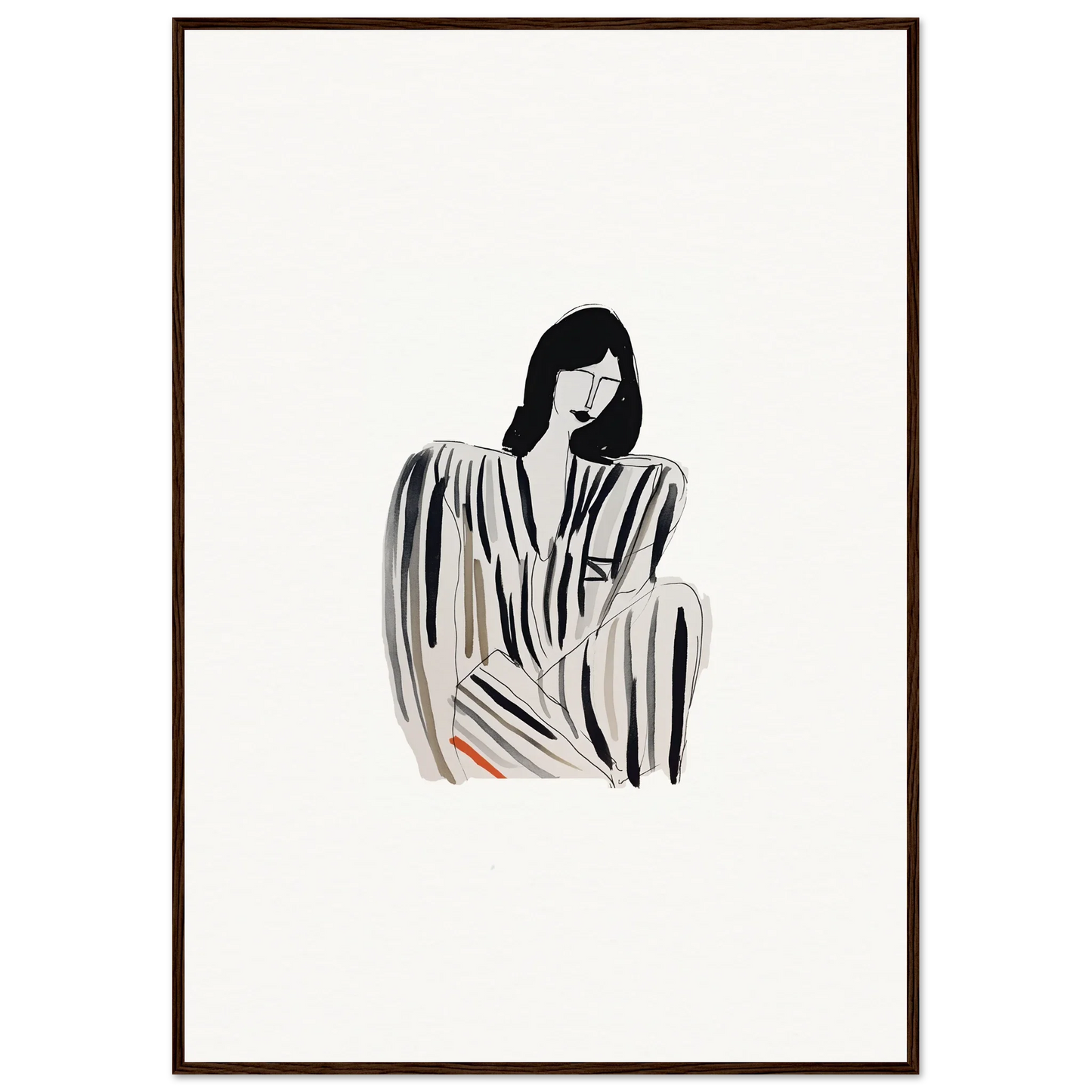 Minimalist black and white illustration of a seated figure in Striped Whispers Formals for room decoration