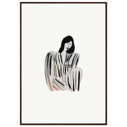 Minimalist black and white illustration of a seated figure in Striped Whispers Formals for room decoration