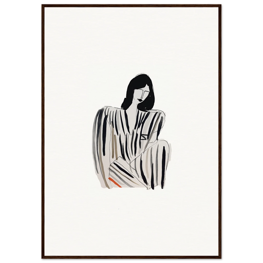 Minimalist black and white illustration of a seated figure in Striped Whispers Formals for room decoration