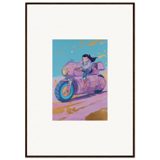 Stylized illustration of a person on a cool pink motorcycle for Paintfall Venture canvas print