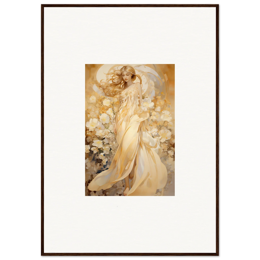 Ethereal female figure in golden robes, perfect for floral harmony room decoration canvas print