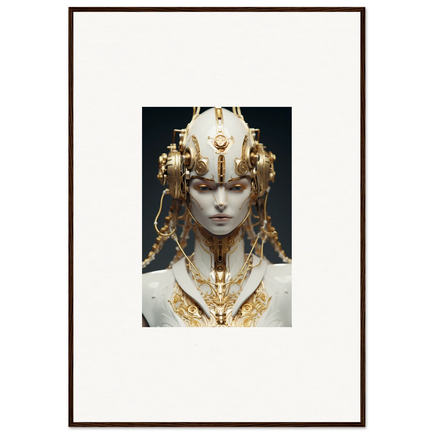 Ornate golden headdress and necklace on a pale figure in a stunning canvas print for room decoration