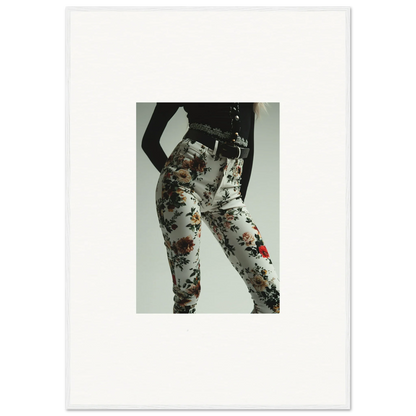 Floral patterned leggings or tight pants worn on a person’s lower body.