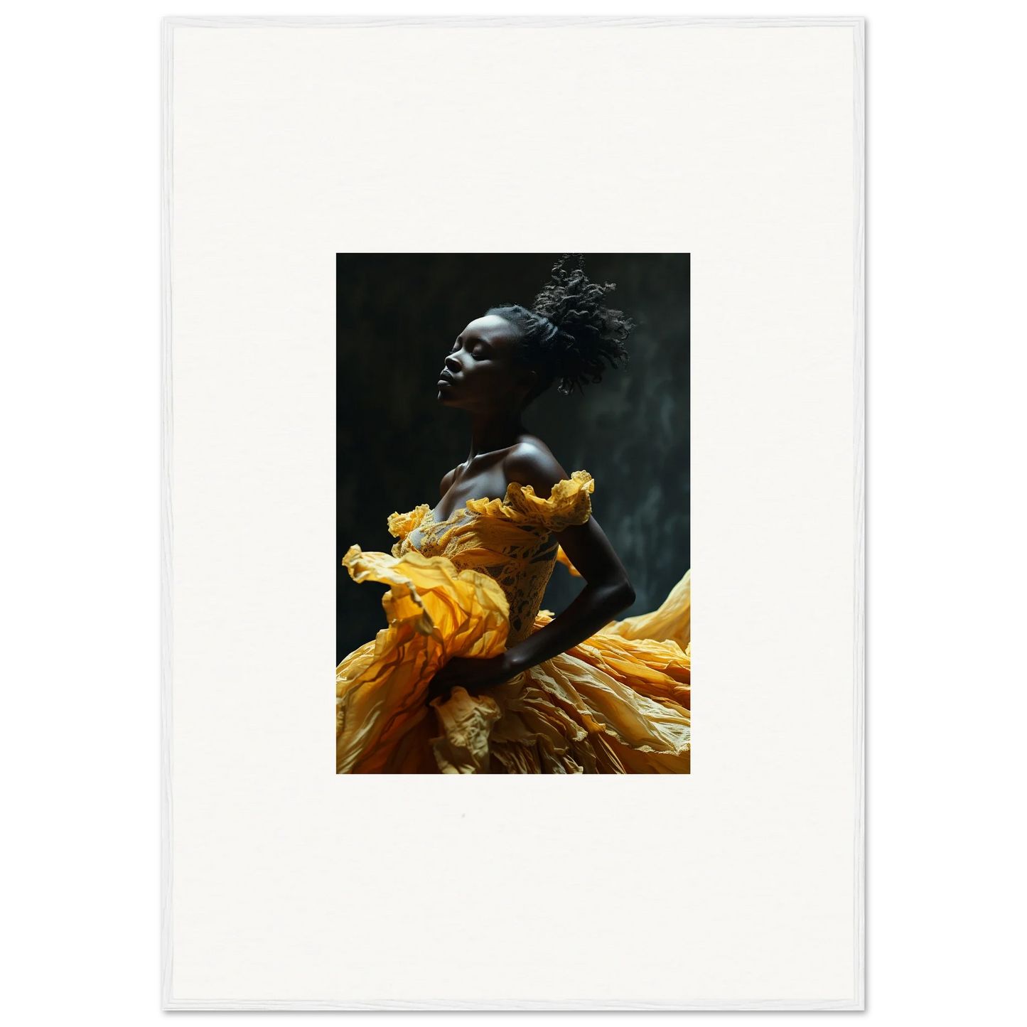 Striking portrait of a person with dark skin wearing vibrant yellow fabric.