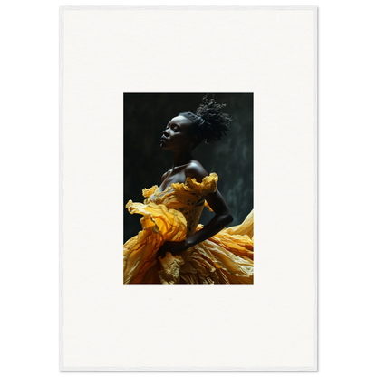 Striking portrait of a person with dark skin wearing vibrant yellow fabric.