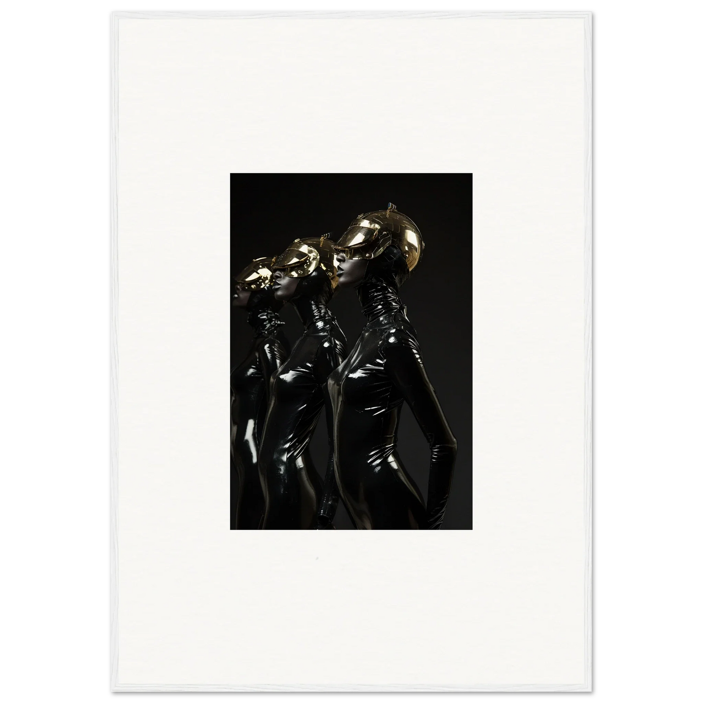 Metallic robotic figures with elongated heads in a dark, reflective style.