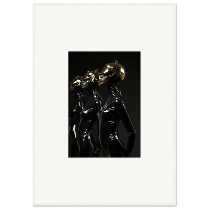 Metallic robotic figures with elongated heads in a dark, reflective style.