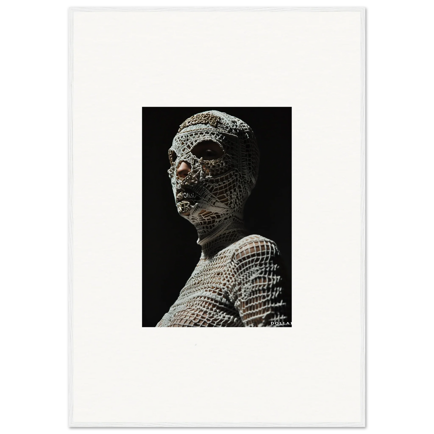 Sculpture of a human head and upper torso covered in a mosaic or tile-like pattern.