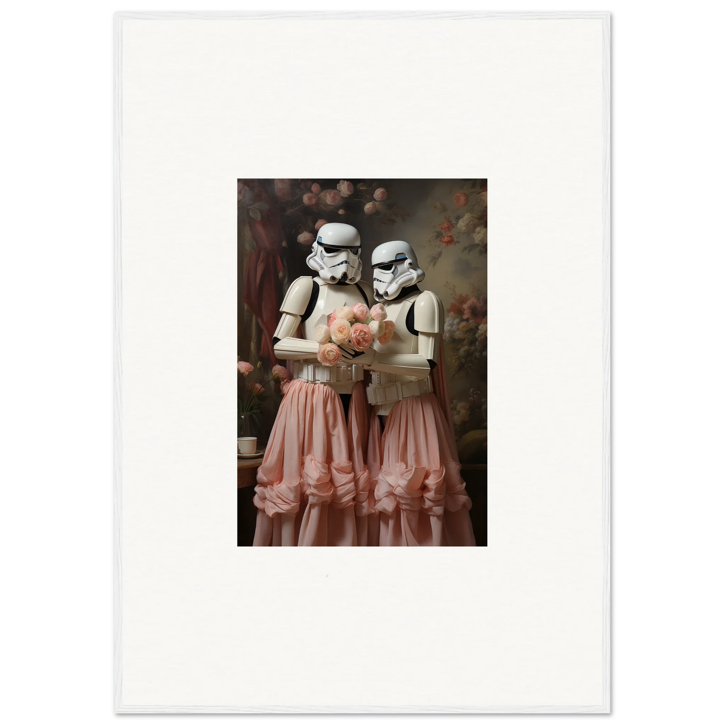 Two Stormtroopers wearing pink tulle skirts and holding a heart-shaped object.