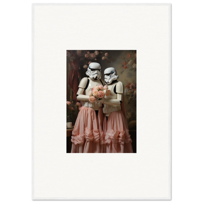 Two Stormtroopers wearing pink tulle skirts and holding a heart-shaped object.