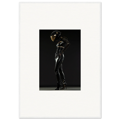 Figure in a shiny black bodysuit and helmet striking a dynamic pose.