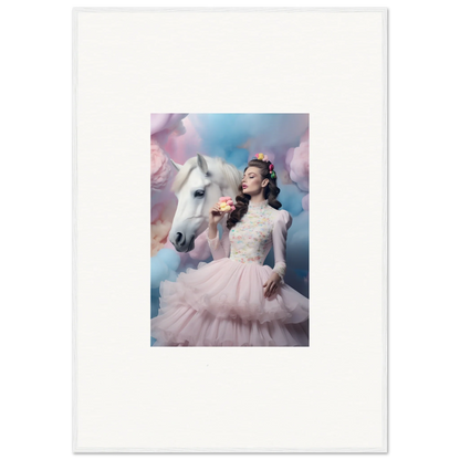 Framed photograph of a woman in a pink tulle gown posing with a white horse against a dreamy pastel sky.