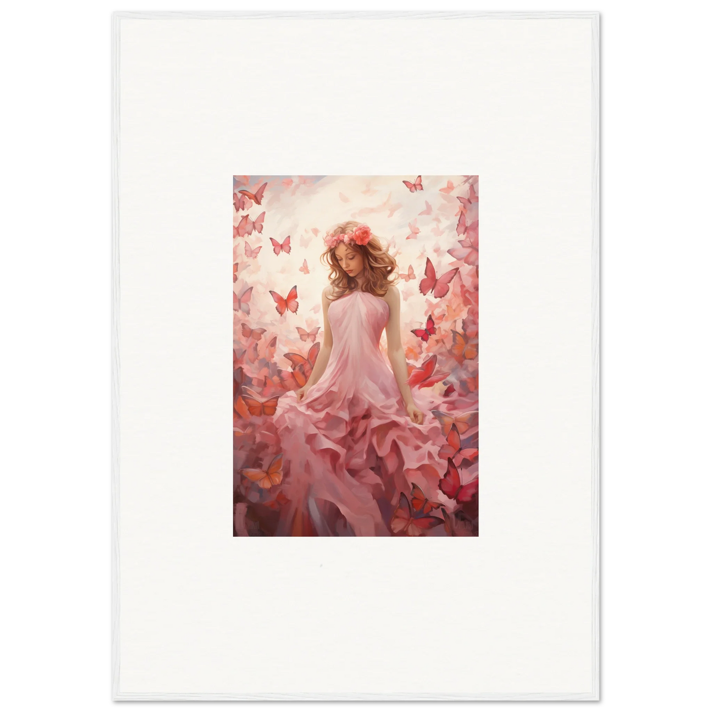 Colorful canvas print of a woman in a pink dress with butterflies for autumn lattice room decoration