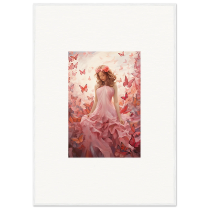 Colorful canvas print of a woman in a pink dress with butterflies for autumn lattice room decoration