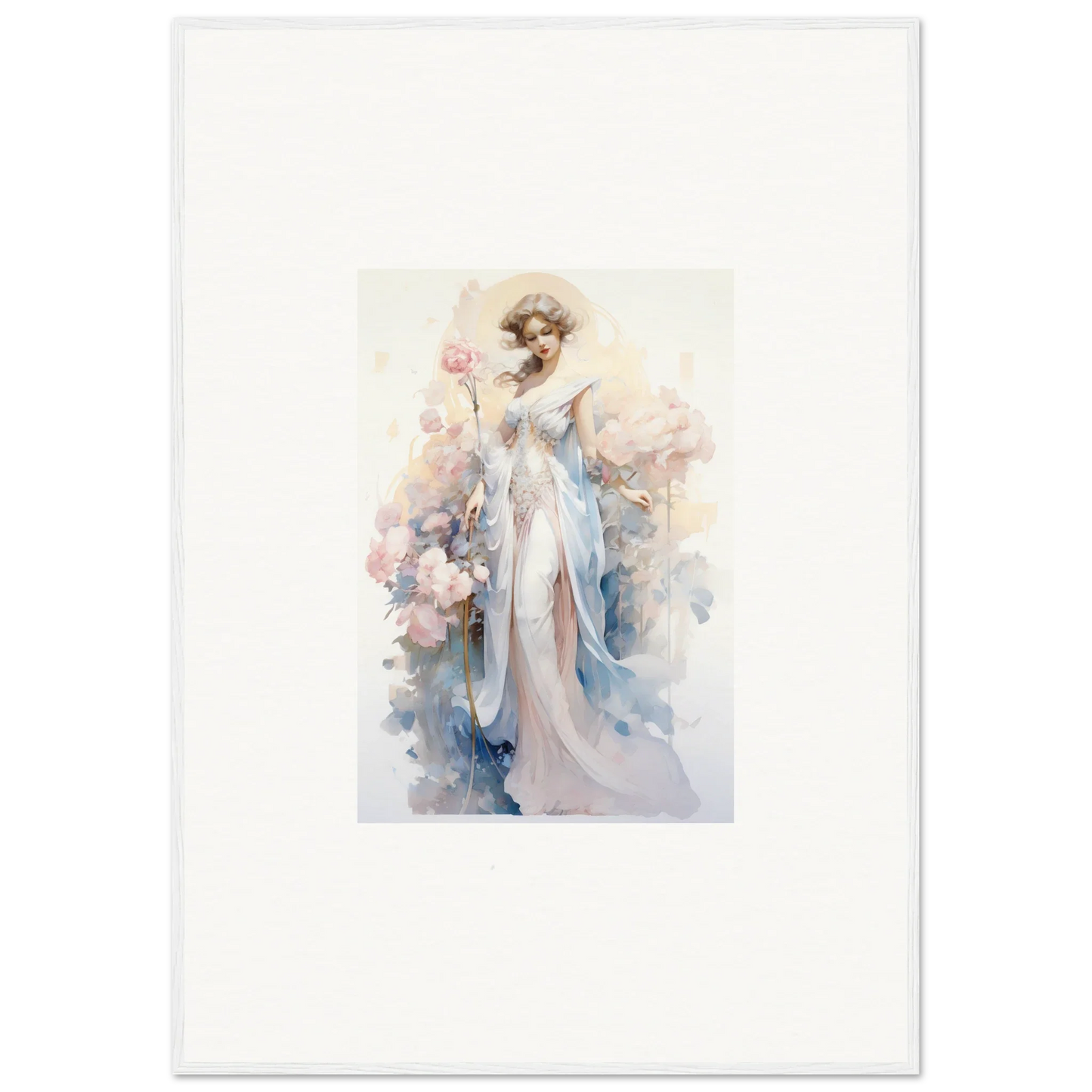 Watercolor of an elegant woman in blue gown with floral vibes for Blossom Serenade canvas print