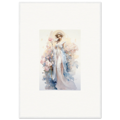 Watercolor of an elegant woman in blue gown with floral vibes for Blossom Serenade canvas print