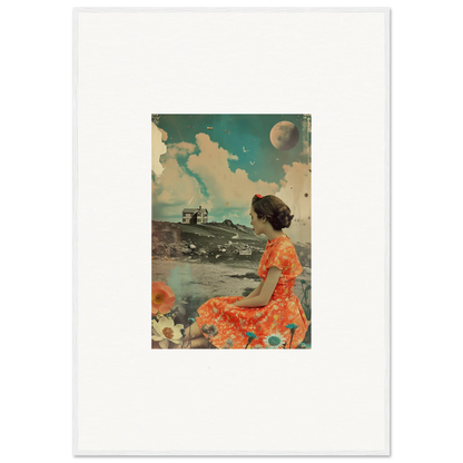 Vintage woman in orange floral dress, perfect for Color Reverie canvas print room decoration