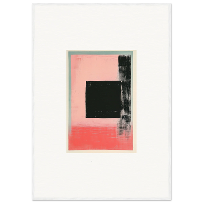 Abstract painting with a black square and brushstrokes on pink for room decoration