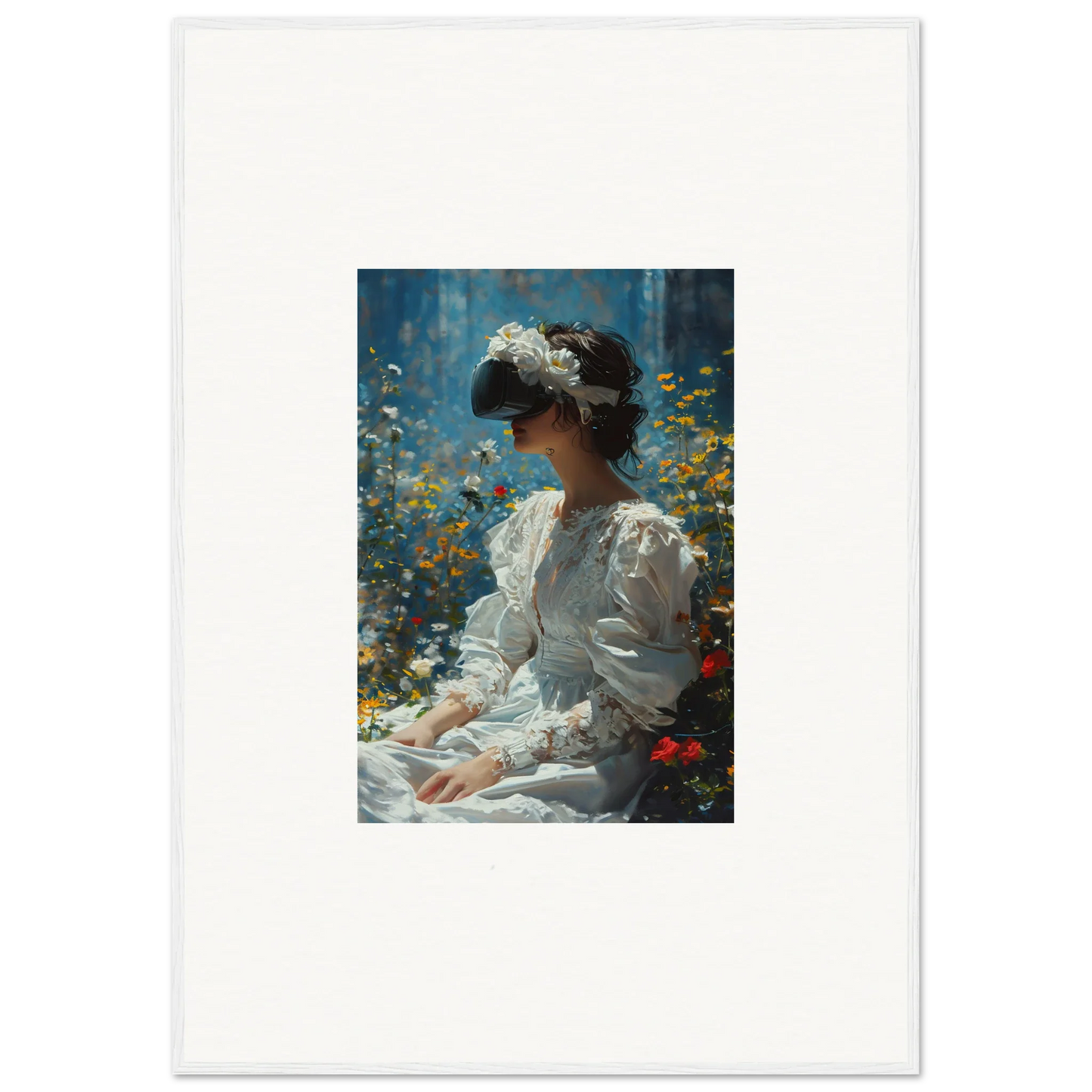 Victorian woman in bloom reverie surrounded by flowers, perfect for room decoration canvas print