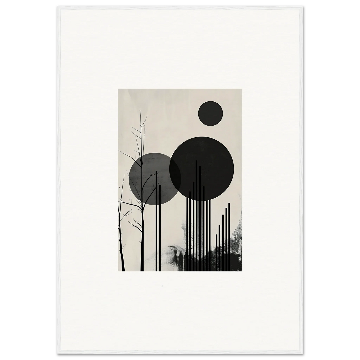 Abstract geometric artwork with black circles and tree silhouettes for room decoration