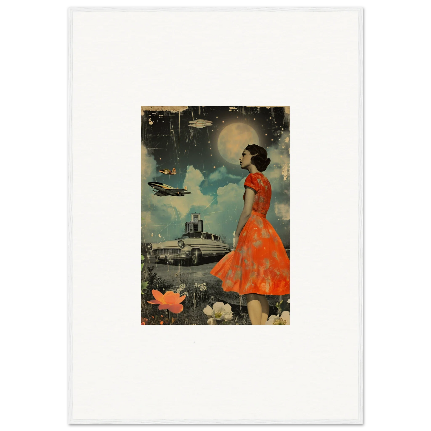 Vintage woman in retro bloom dress against a surreal night sky canvas print