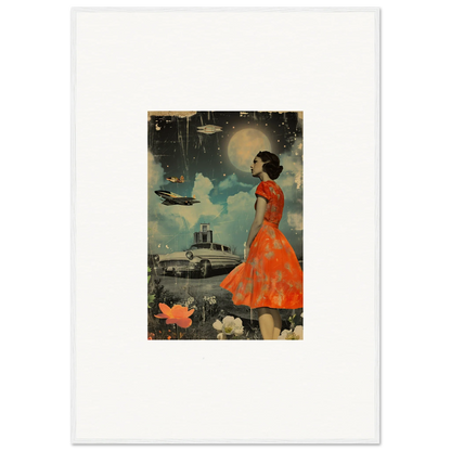 Vintage woman in retro bloom dress against a surreal night sky canvas print