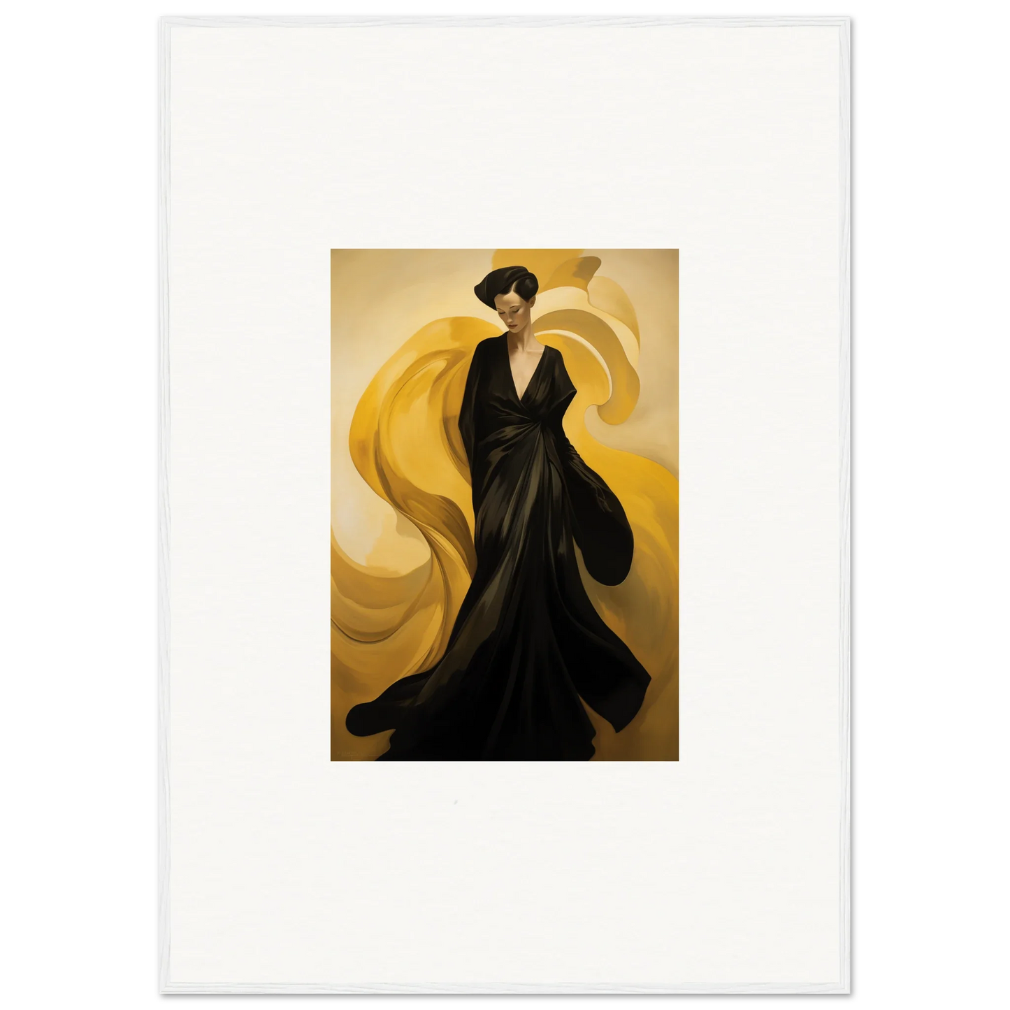 Elegant figure in black gown with sun waves backdrop for stylish room decoration canvas print