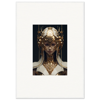 Ornate golden headdress and neck piece on an Ethereal Sovereign canvas print for room decoration