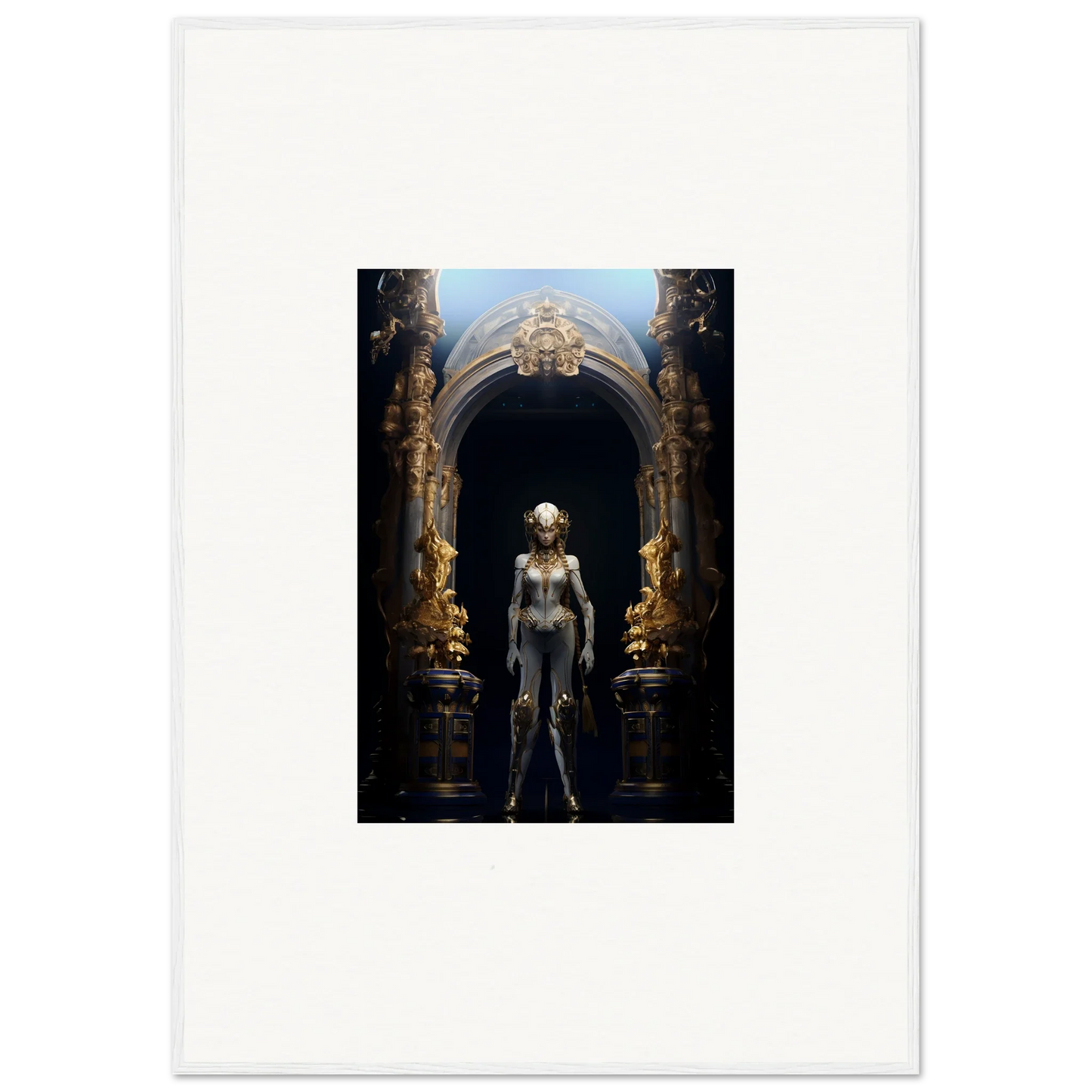 Futuristic humanoid in ornate archway, perfect for Griffinscape Synergy room decoration canvas print