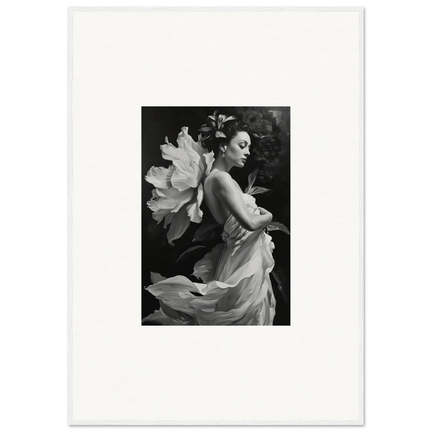 Black and white canvas print of a woman in flowing fabric with flower petals for room decoration