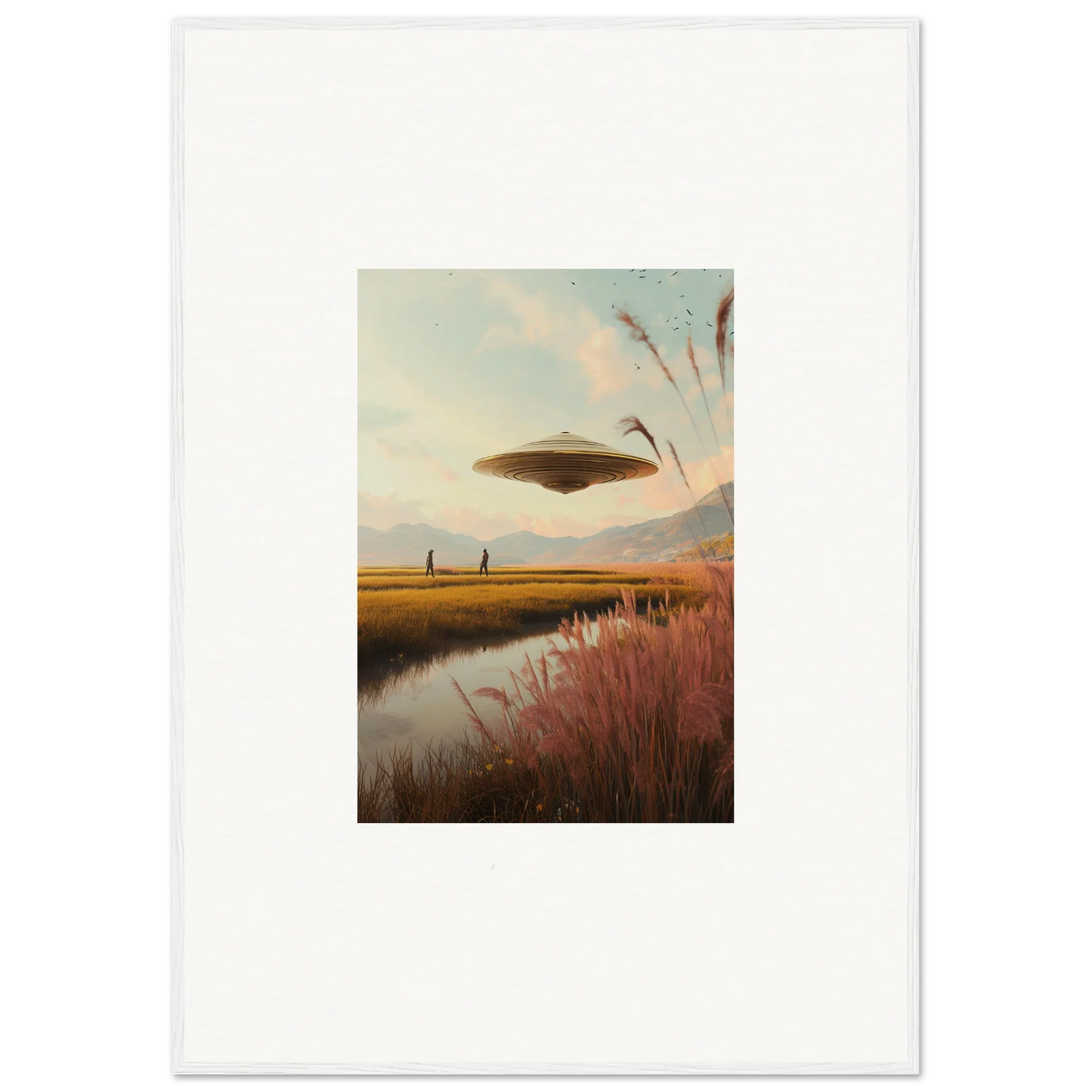 UFO hovering over a rural landscape, ideal for Meadow Raindancers room decor