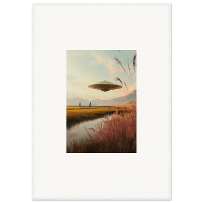 UFO hovering over a rural landscape, ideal for Meadow Raindancers room decor