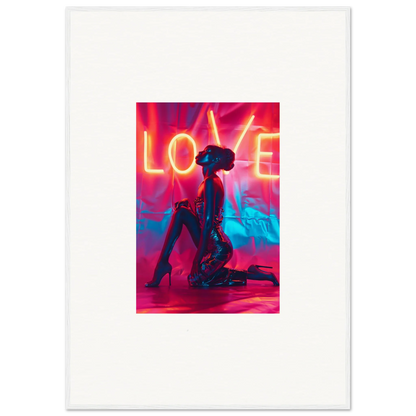 Silhouetted figure kneeling under a vibrant neon LOVE sign perfect for room decoration