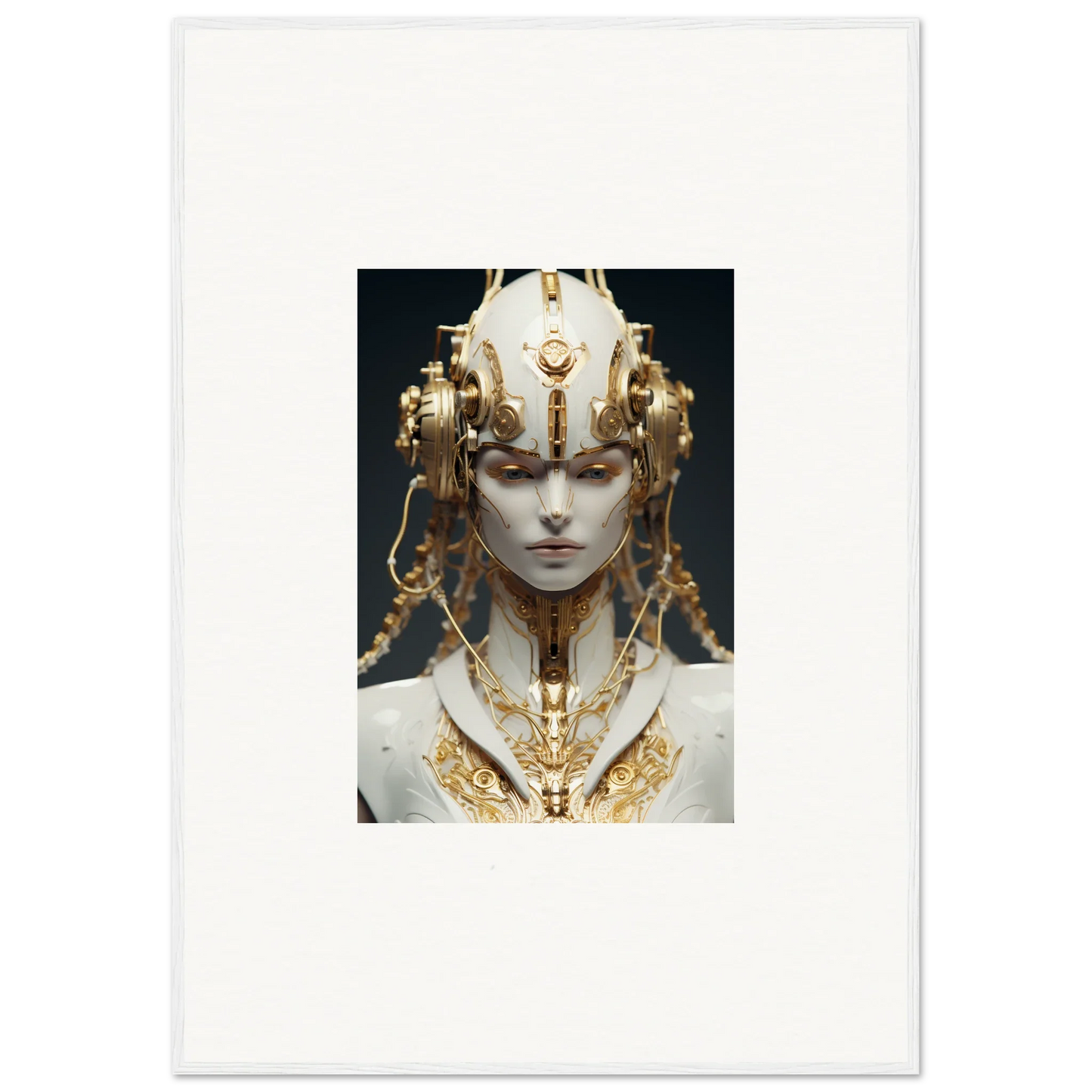 Ornate golden headdress and necklace on a serene figure for a chic room decoration