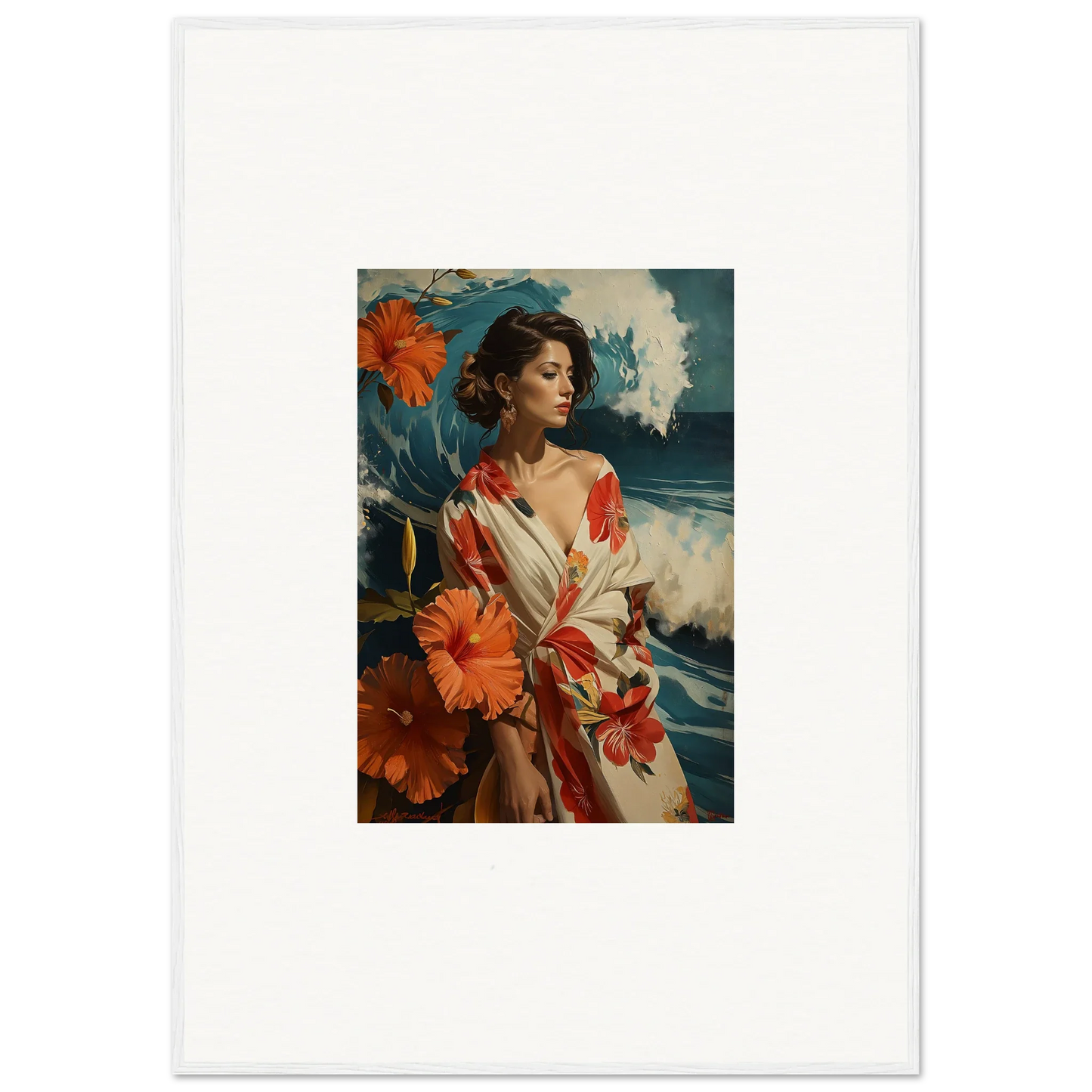 Canvas print of a woman in a floral robe, perfect for musing cascade room decoration