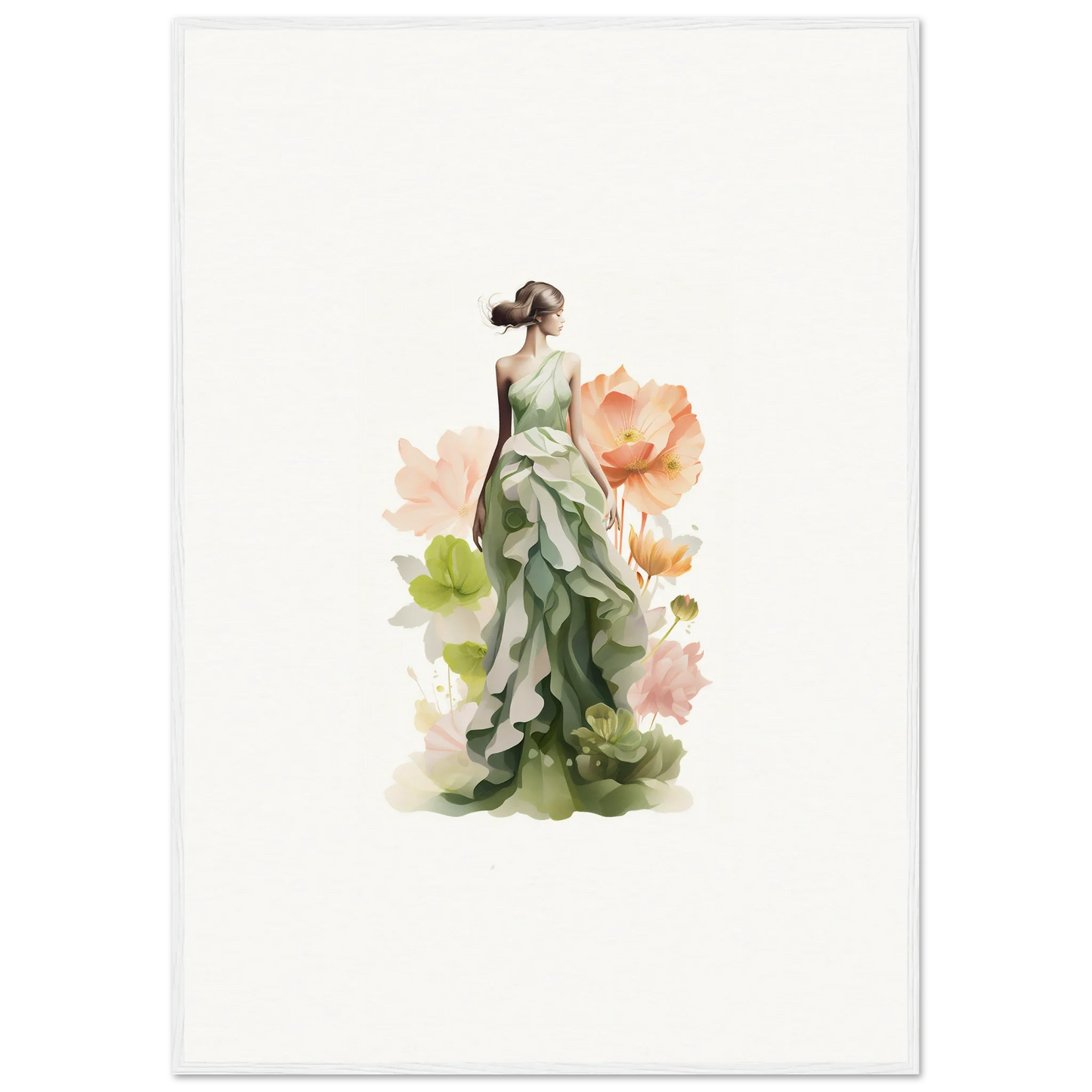 Elegant woman in green dress with floral accents for Spring Symphony canvas print