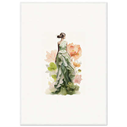 Elegant woman in green dress with floral accents for Spring Symphony canvas print