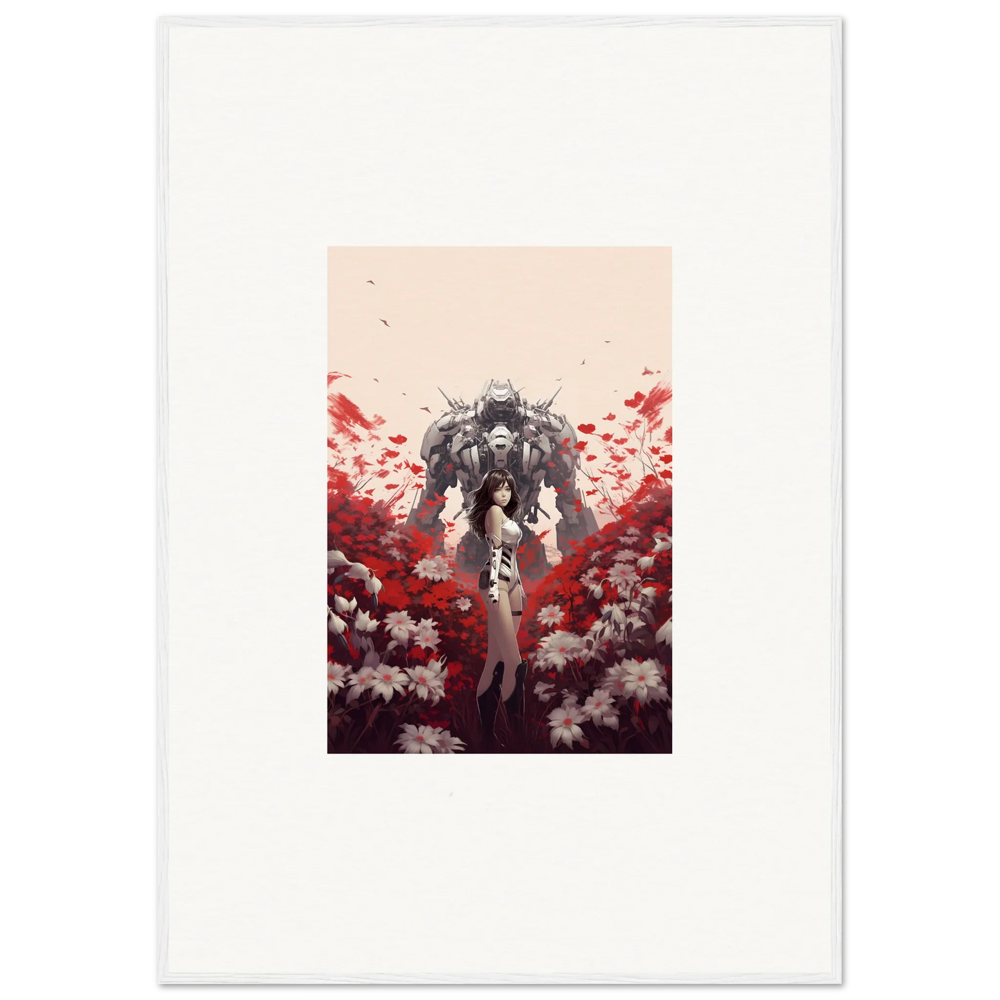 Robotic humanoid figure amid red and white flowers for boundary whimsy room decoration