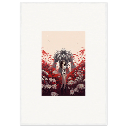 Robotic humanoid figure amid red and white flowers for boundary whimsy room decoration