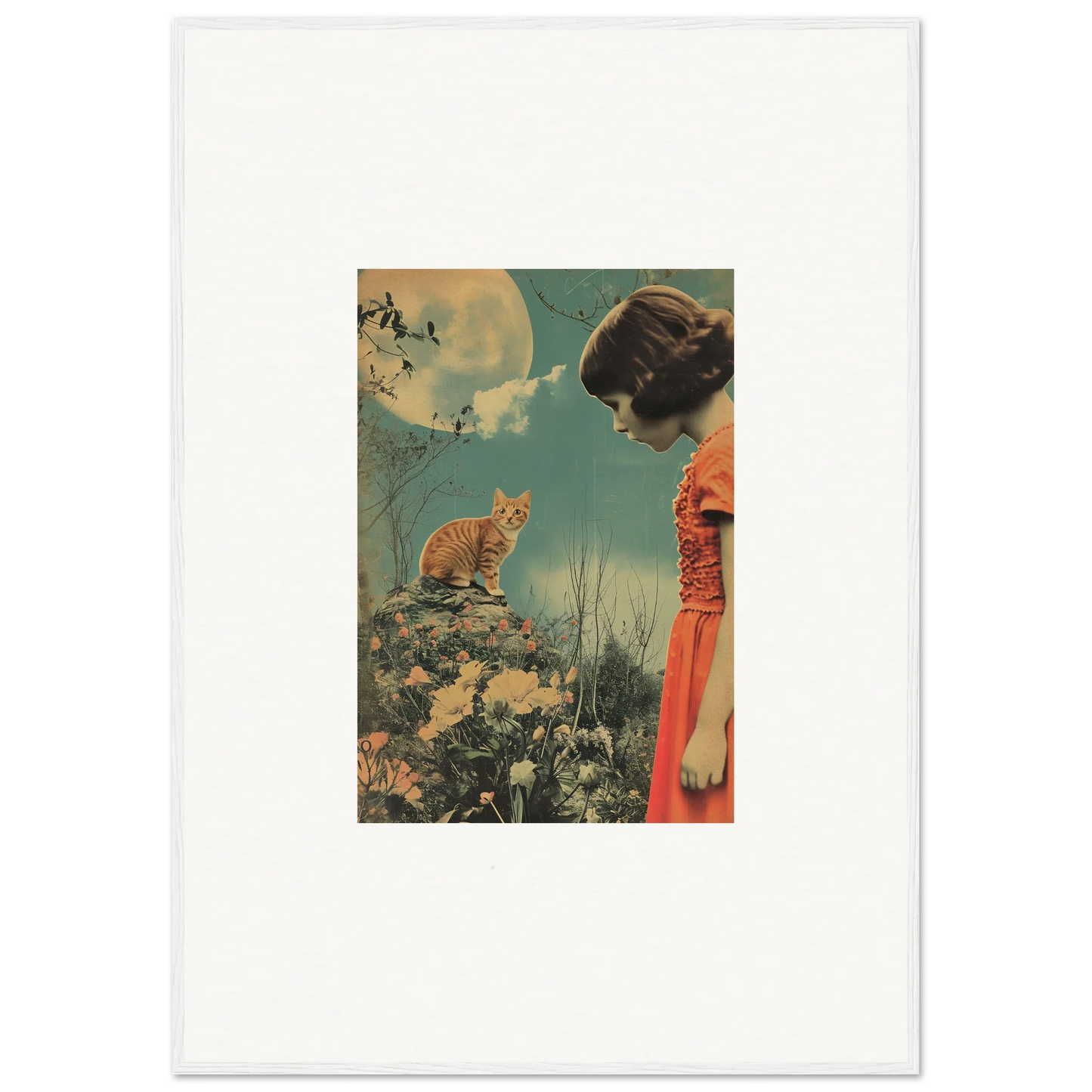 Vintage-style canvas print of a woman in a red dress admiring a cat in Flora Reverie