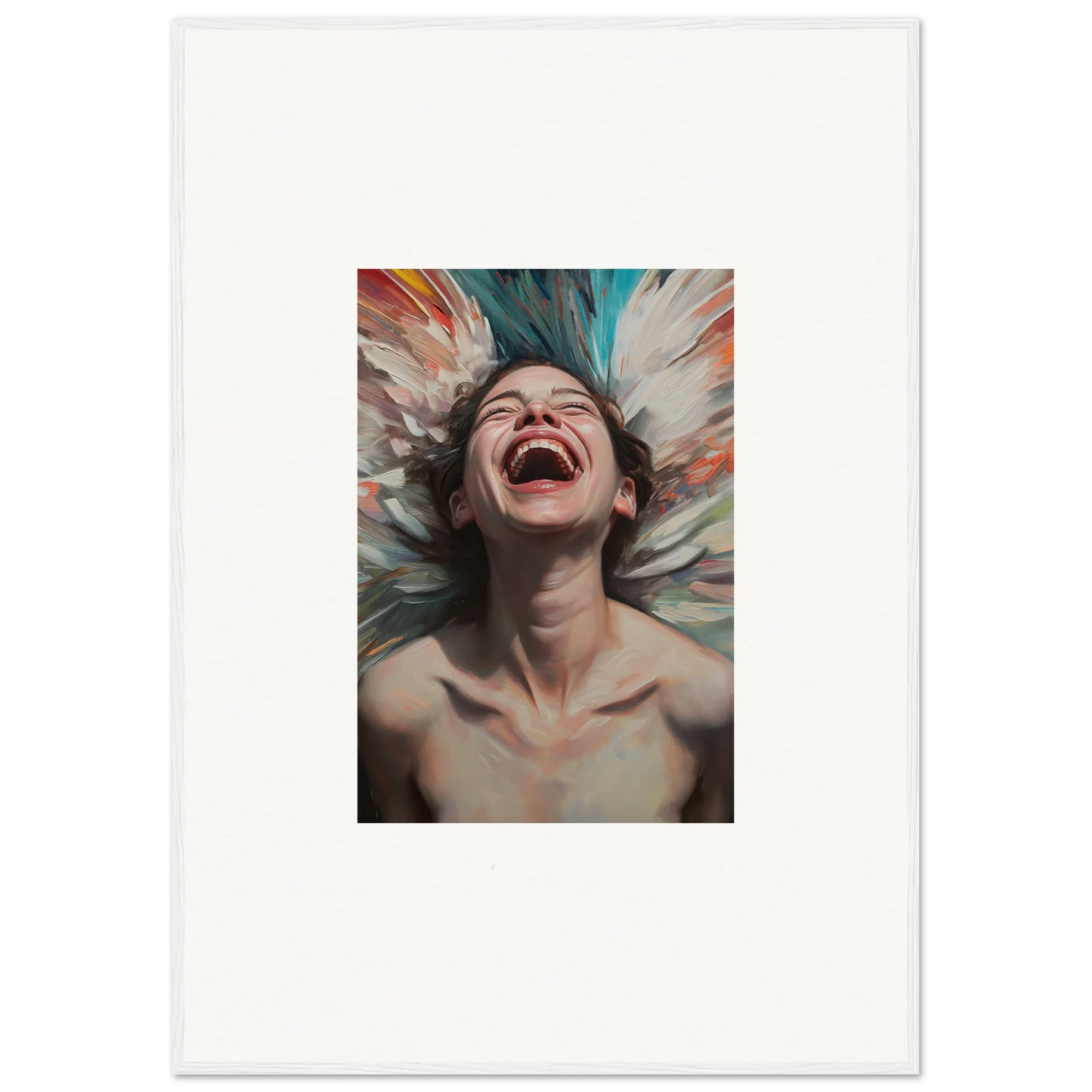 Joyful person laughing surrounded by colorful brushstrokes in Euphoria Aura Bloom canvas print