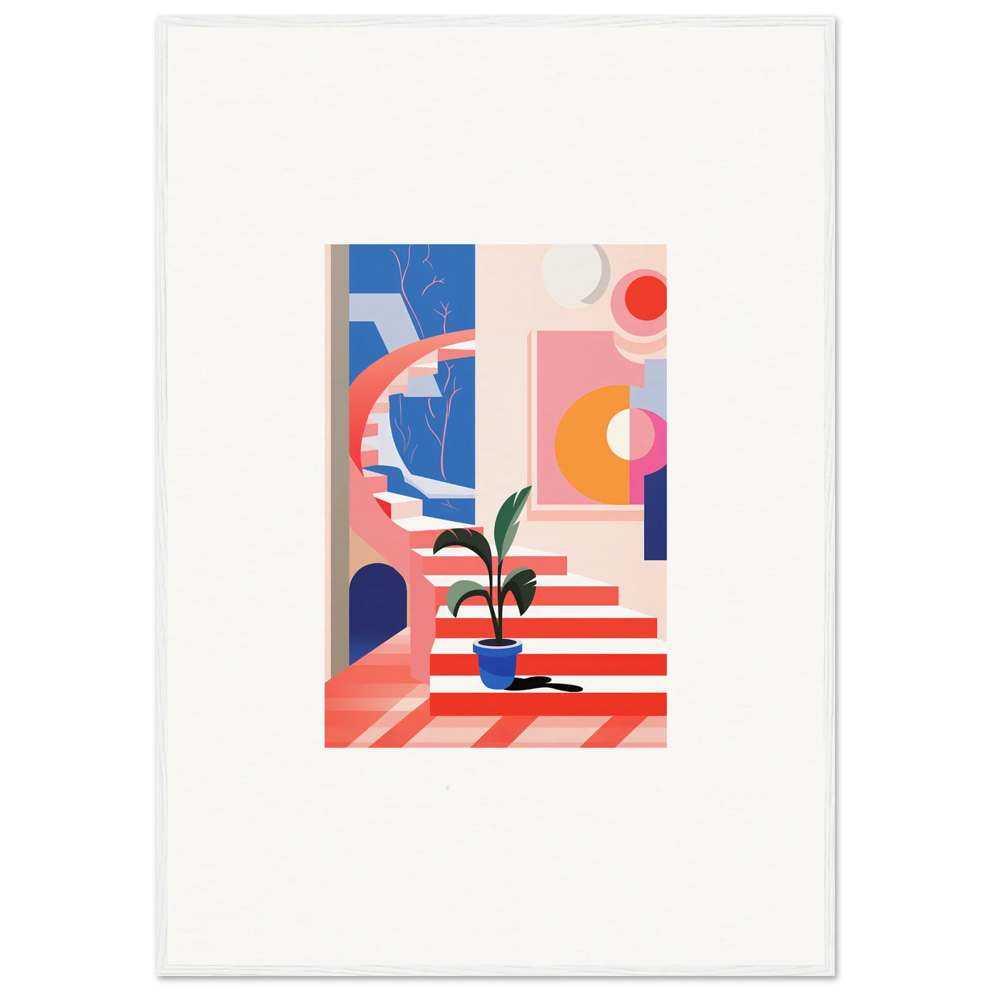 Abstract geometric artwork with colorful shapes and a potted plant for quantum gardens