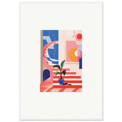 Abstract geometric artwork with colorful shapes and a potted plant for quantum gardens