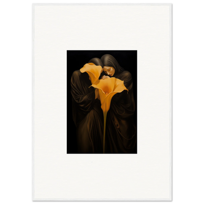 Two vibrant yellow calla lilies on a dark background for a stunning bloom couple canvas print