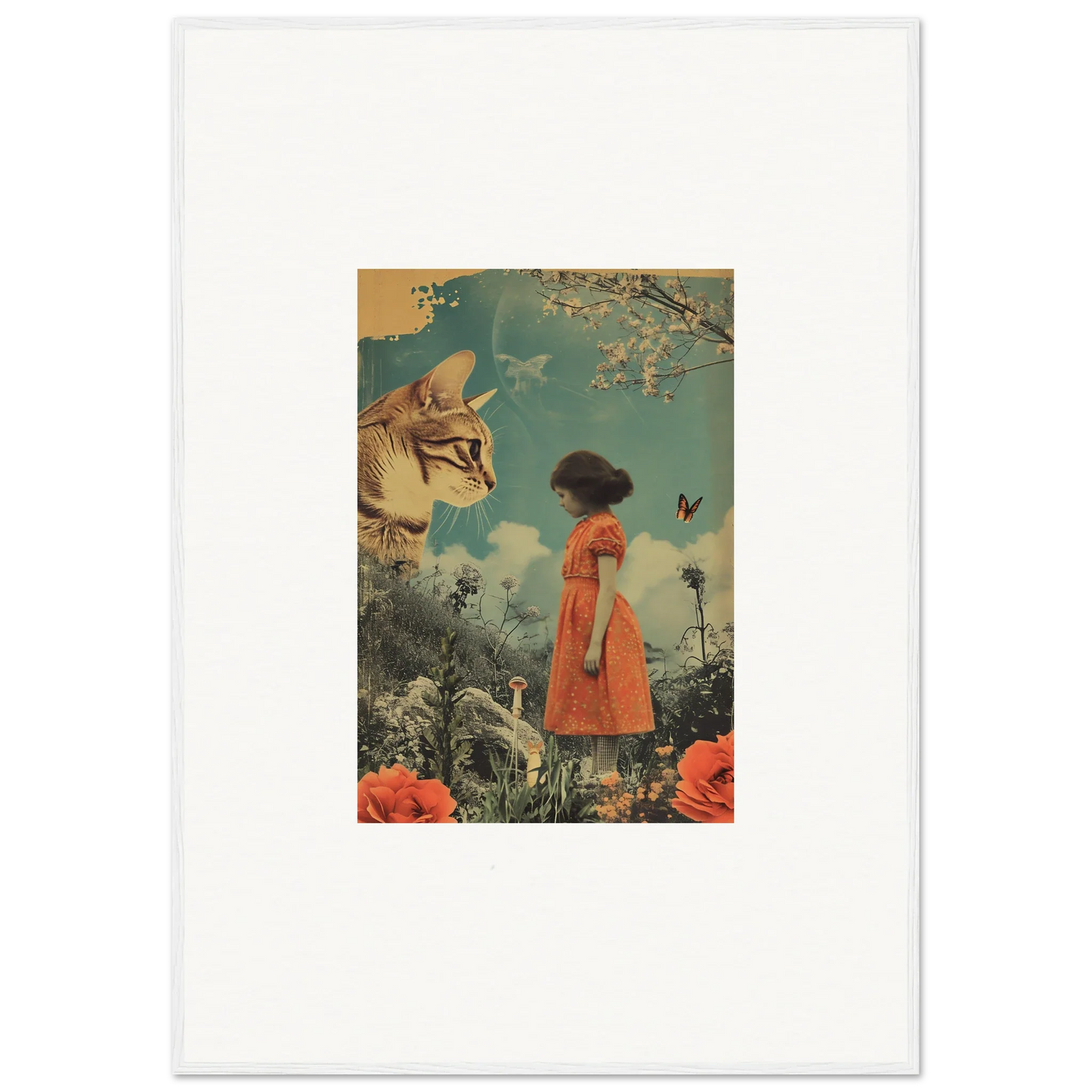 Surreal collage of a girl in an orange dress and giant cat for daydream whisperannels canvas print