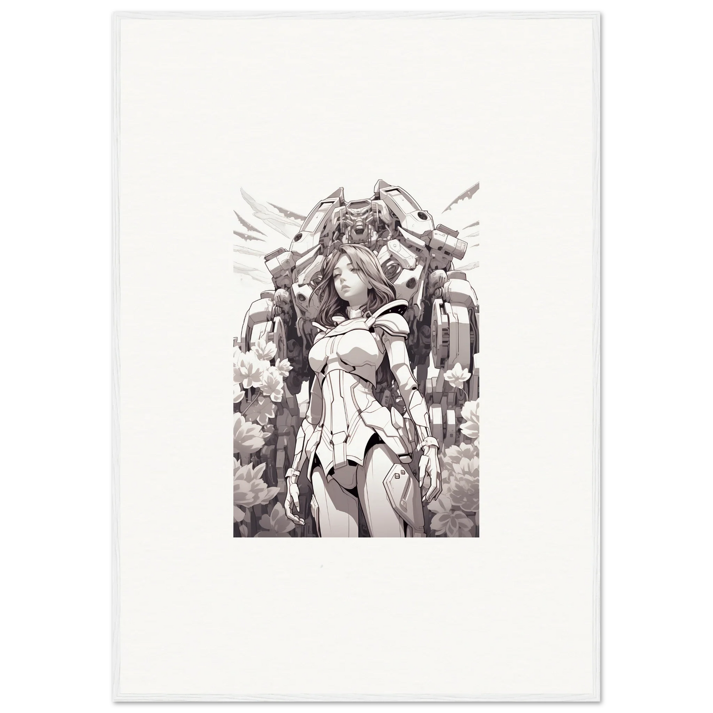 Monochromatic sketch of a futuristic female figure for a unique Dream Machine canvas print